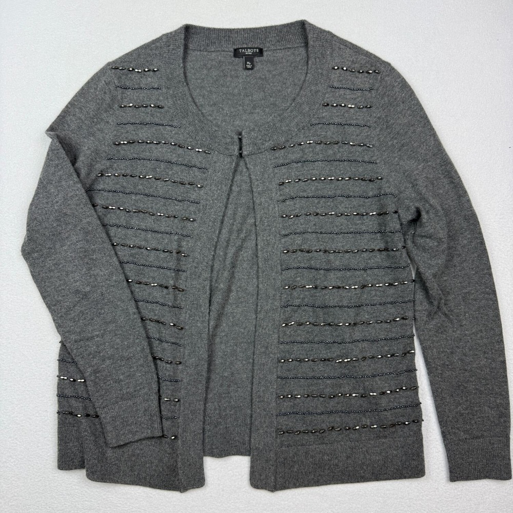 Talbots Gray Beaded Open Front Cardigan Sweater Size Mâ Petite Lambswool Blend